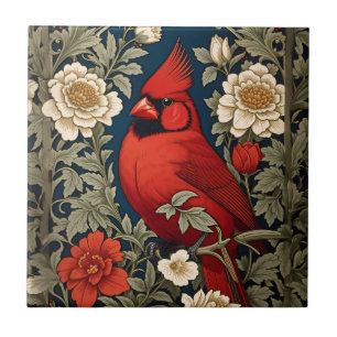 Northern Cardinal Floral William Morris Inspired Tile