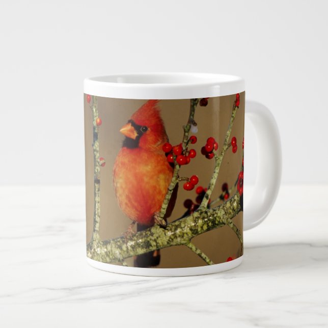 Northern Cardinal male perched, IL Large Coffee Mug (Front Right)