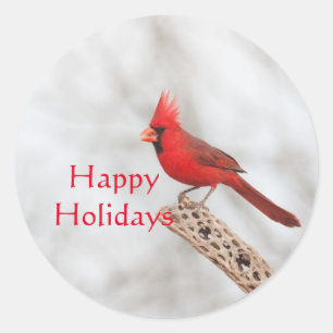 Northern Cardinal on a branch, Happy Holidays Classic Round Sticker