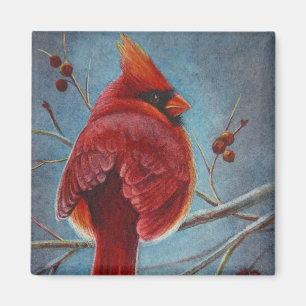Northern Cardinal Red Bird Berries Watercolor Art Magnet