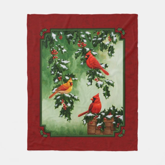 Northern Cardinals and Holly Red Fleece Blanket (Front)
