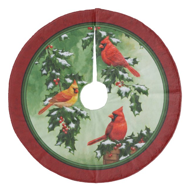 Northern Cardinals and Holly Red Fleece Tree Skirt (Front)