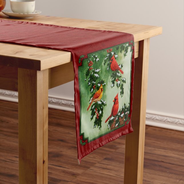 Northern Cardinals and Holly Red Medium Table Runner (In Situ)
