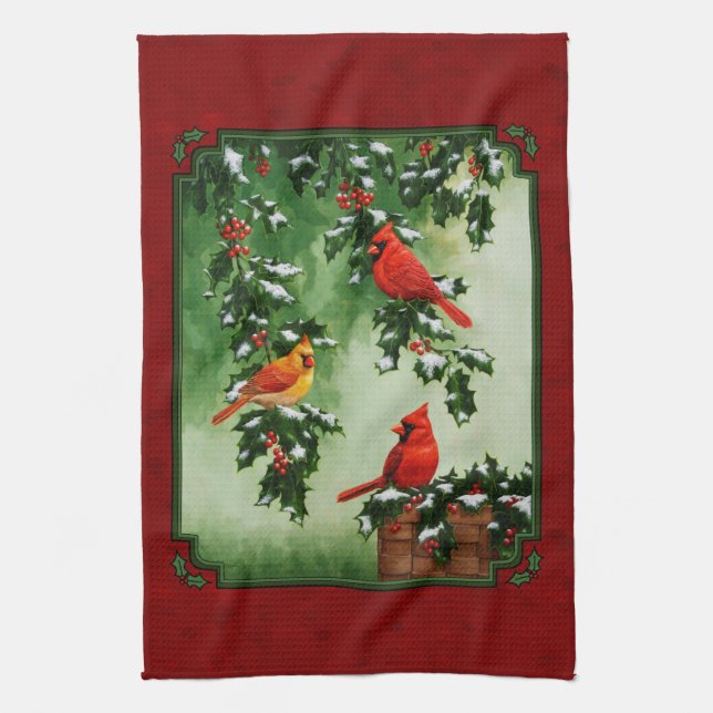 Northern Cardinals and Holly Red Tea Towel (Vertical)