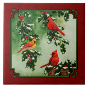 Northern Cardinals and Holly Red Tile