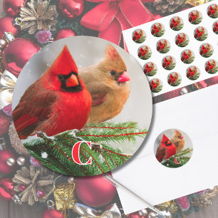 Northern Cardinals in Pine Tree Family Initial Classic Round Sticker