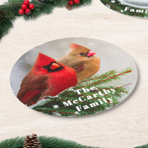 Northern Cardinals in Pine Tree Family Name Round Paper Coaster