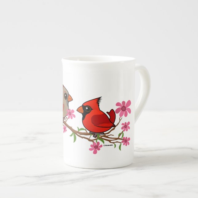 Northern Cardinals on Blossom Branch Bone China Mug (Front Right)