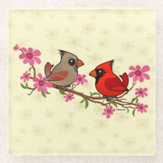 Northern Cardinals on Blossom Branch Glass Coaster