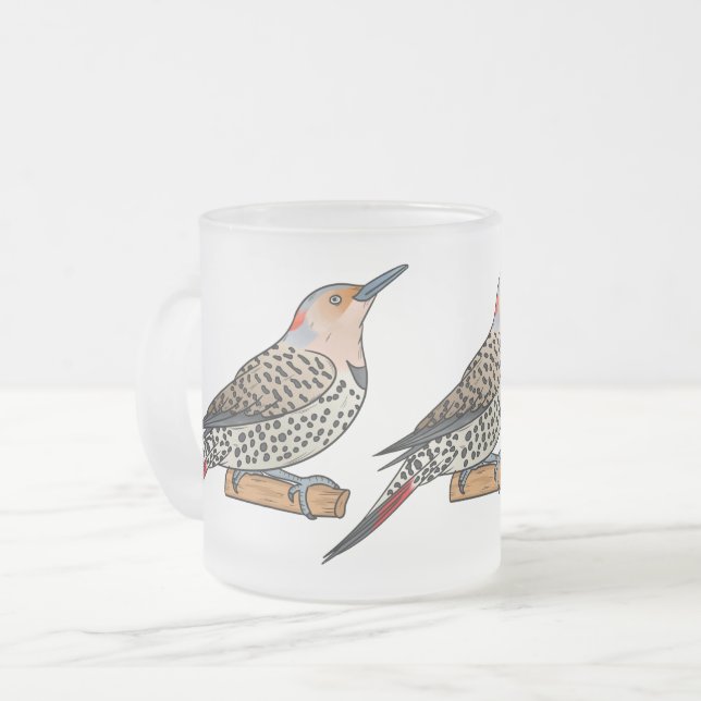 Northern flicker bird cartoon illustration  frosted glass coffee mug (Front Left)