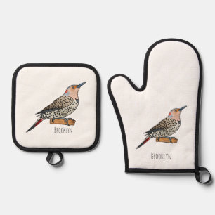Northern flicker bird cartoon illustration oven mitt & pot holder set
