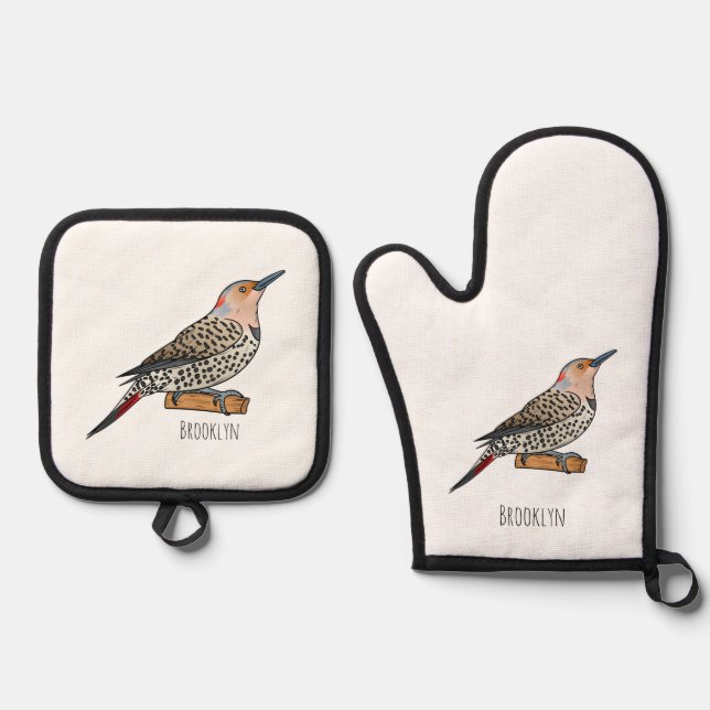 Northern flicker bird cartoon illustration oven mitt & pot holder set (Front)