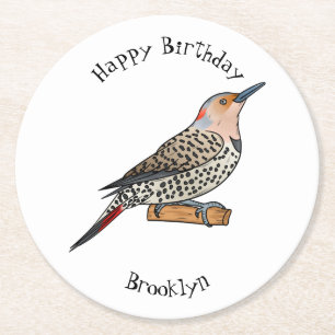 Northern flicker bird cartoon illustration round paper coaster