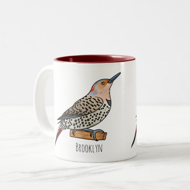 Northern flicker bird cartoon illustration  Two-Tone coffee mug (Front Left)
