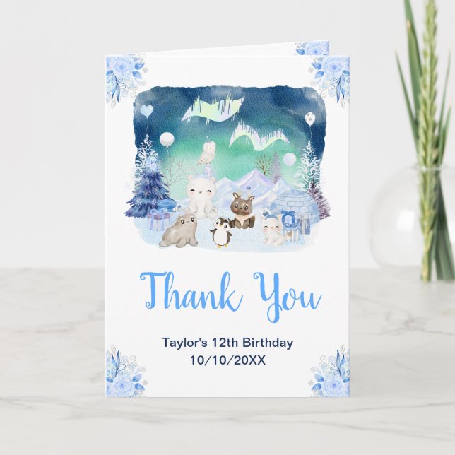 Northern Lights Animals Birthday Party Thank You Card (Front)