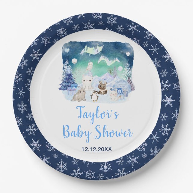 Northern Lights Arctic Animals Baby Shower Paper Plate (Front)