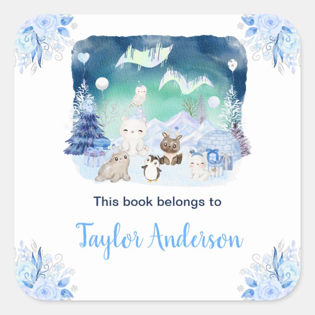 Northern Lights Arctic Animals Kids Bookplate Square Sticker (Front)