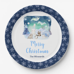Northern Lights Arctic Animals Merry Christmas Paper Plate