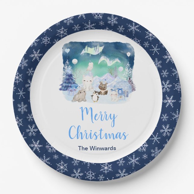 Northern Lights Arctic Animals Merry Christmas Paper Plate (Front)