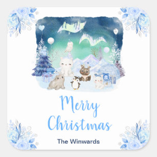Northern Lights Arctic Animals Merry Christmas Square Sticker