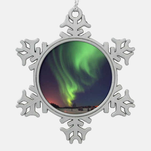 Northern Lights at Bear Lake Snowflake Pewter Christmas Ornament (Front)