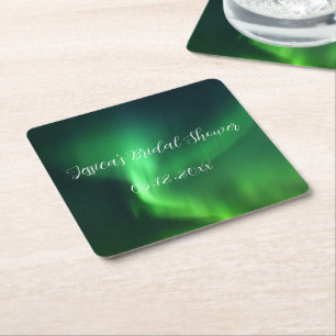 Northern Lights Aurora Borealis Bridal Shower Square Paper Coaster