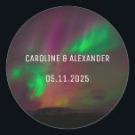 Northern Lights Aurora Borealis Night Sky Wedding  Classic Round Sticker<br><div class="desc">Northern lights,  Aurora Borealis Wedding stickers. Night sky,  stars,  trees classic round stickers. Personalise with your Names and the date of the Wedding.</div>