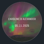 Northern Lights Aurora Borealis Night Sky Wedding  Classic Round Sticker<br><div class="desc">Northern lights,  Aurora Borealis Wedding stickers. Night sky,  stars,  trees classic round stickers. Personalise with your Names and the date of the Wedding.</div>