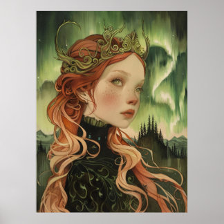 northern lights aurora borealis viking lady poster
