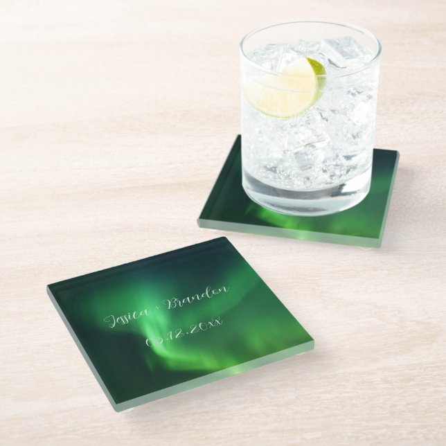 Northern Lights Aurora Borealis Wedding Glass Coaster (Angled)