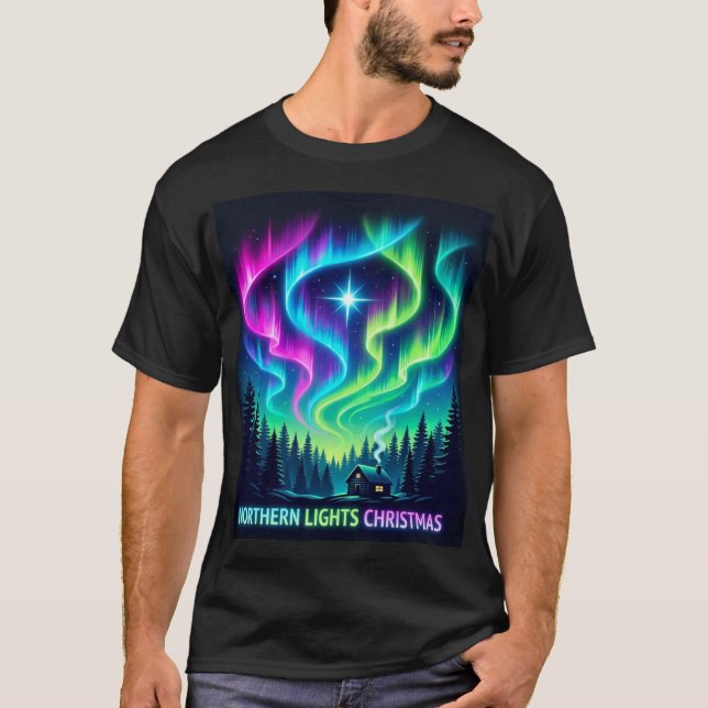 Northern Lights Christmas Cabin – Aurora Holiday M T-Shirt (Front)