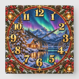 Northern Lights Christmas Mountain Cabin Square Wall Clock