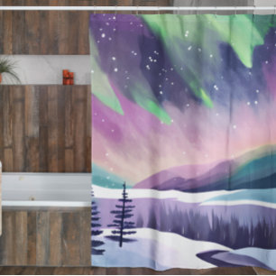 Northern Lights Colorful Winter Night Watercolor Shower Curtain