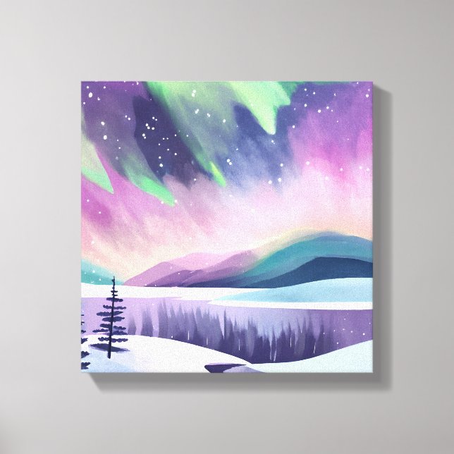 Northern Lights Colourful Winter Night | Watercolo Canvas Print (Front)