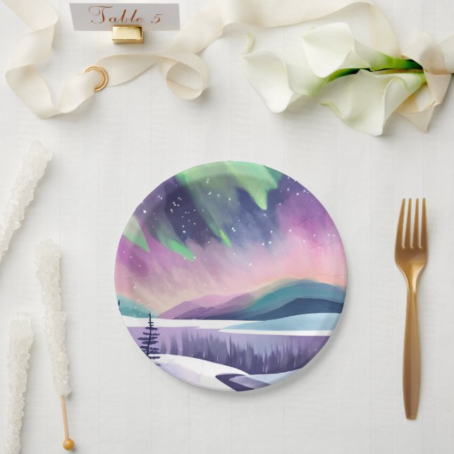 Northern Lights Colourful Winter Night | Watercolo Paper Plate (Wedding)