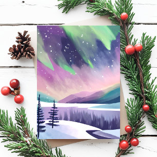 Northern Lights Colourful Winter Night   Watercolo Postcard