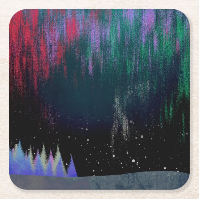 Northern Lights Contemporary Landscape Square Paper Coaster (Front)
