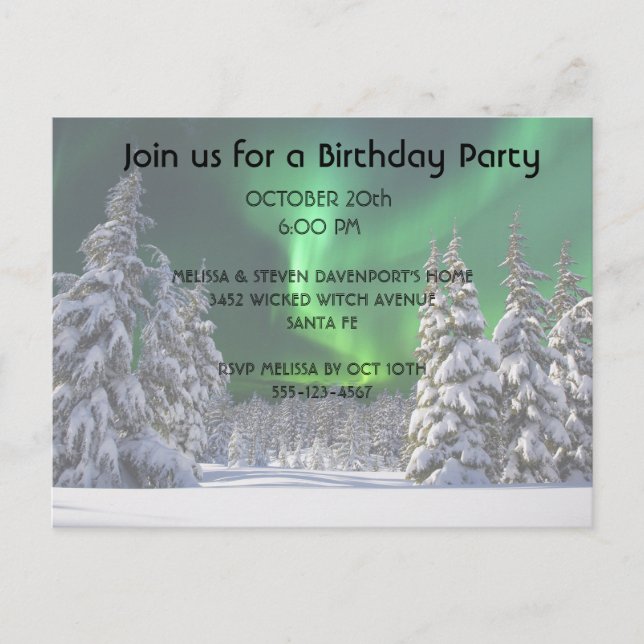 Northern lights during winter announcement postcard (Front)