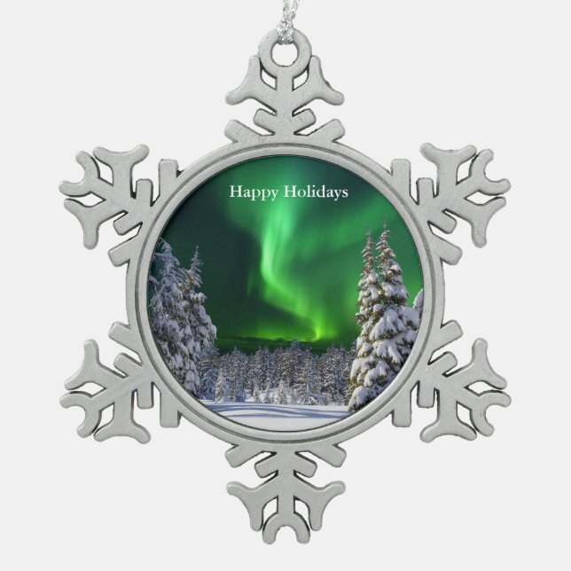 Northern lights during winter  snowflake pewter christmas ornament (Front)