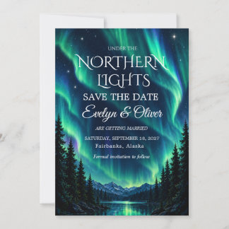 Northern Lights Forest Mountain Lake Wedding Save The Date