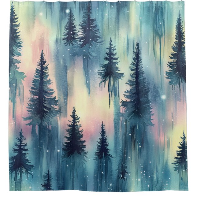 Northern Lights Forest Pattern Shower Curtain (Front)