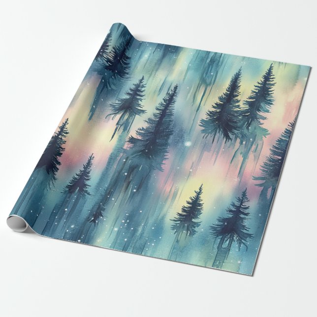 Northern Lights Forest Pattern Wrapping Paper (Unrolled)