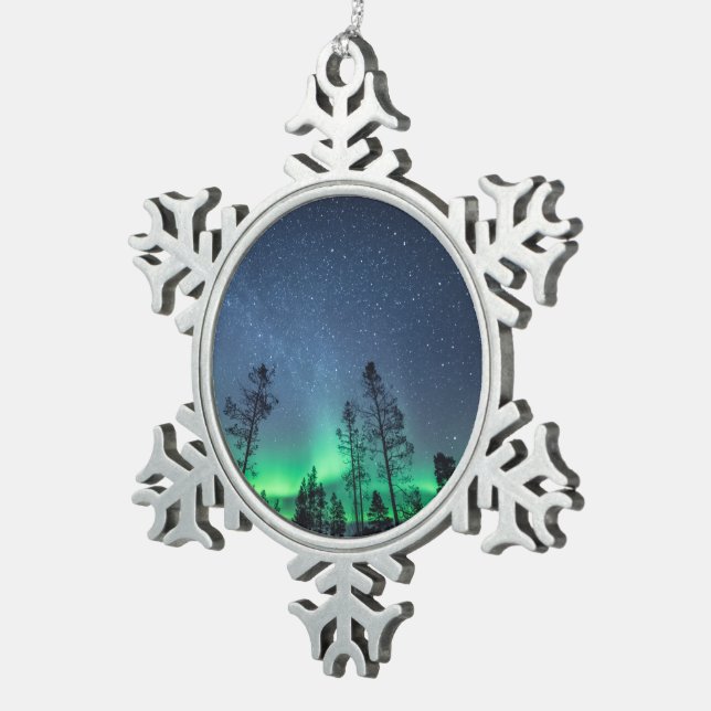 Northern Lights Forest Snowflake Pewter Christmas Ornament (Right)