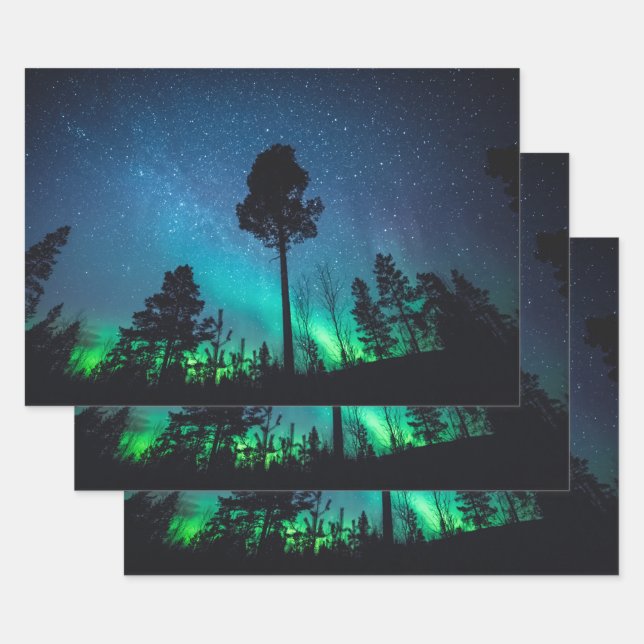 Northern Lights Forest Wrapping Paper Sheet (Set)