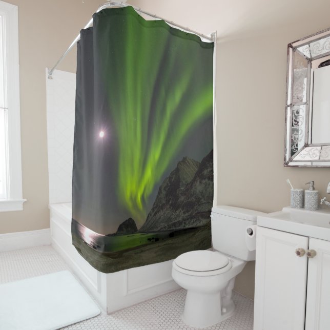 Northern LightS | Haukland Beach Island Norway Shower Curtain (In Situ)