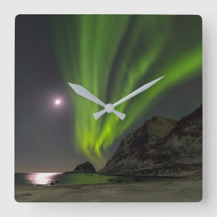 Northern LightS Haukland Beach Island Norway Square Wall Clock