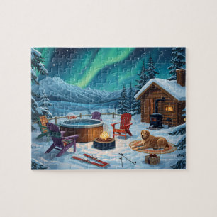 Northern Lights Hot Tub Cabin Dog Jigsaw Puzzle