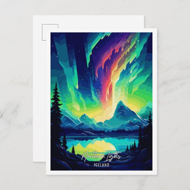 Northern Lights Iceland Art Travel Illustration Postcard (Front/Back)