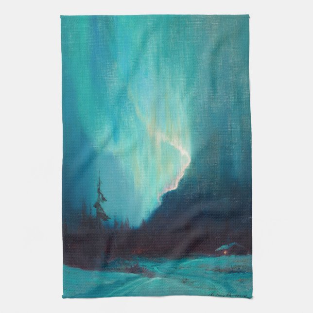 Northern Lights, Juneau, Alaska by Sydney Laurence Tea Towel (Vertical)