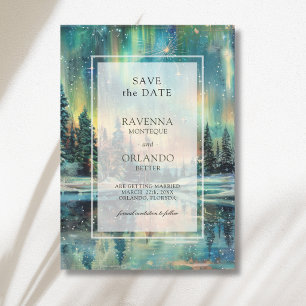 Northern Lights Lake Forest Night Sky Wedding Save The Date